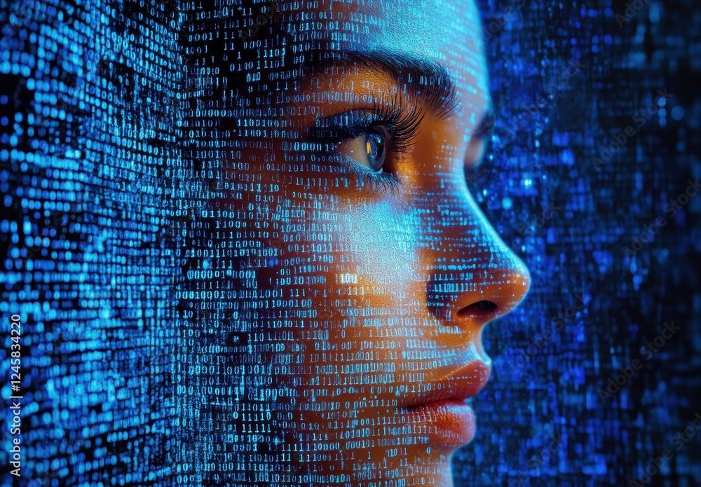 Poster portrait of a young woman with binary code overlay representing technology, artificial intelligence,