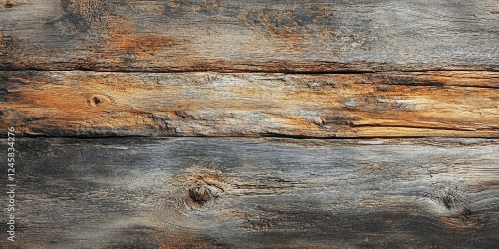 Aufkleber Aged dark brown wood texture with unique gray and orange patterns across weathered planks creating a rustic and natural appearance