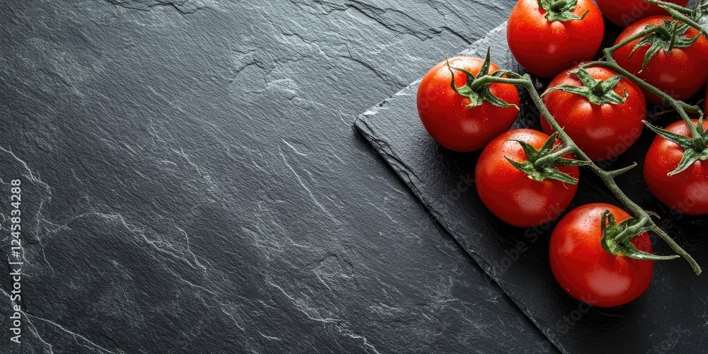 Poster fresh organic tomatoes arranged on a dark slate board with vibrant red color prominently displayed o