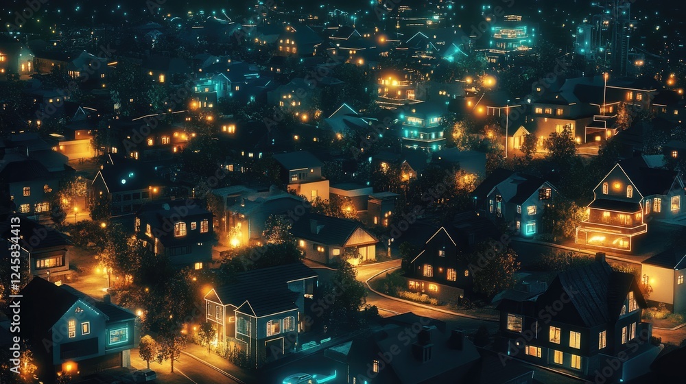 Poster a glowing night-time cityscape featuring homes and infrastructure interconnected with data points, i