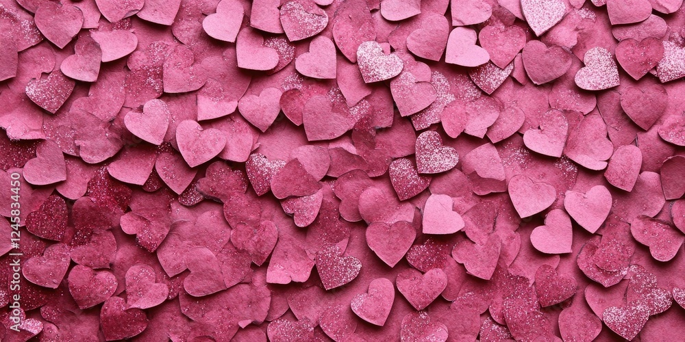 Aufkleber sparkling pink heart shaped pieces scattered on light pink paper, creating a vibrant and visually ap