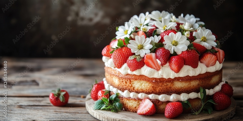 Poster strawberry cream cake adorned with white flowers on a wooden table background featuring rich texture