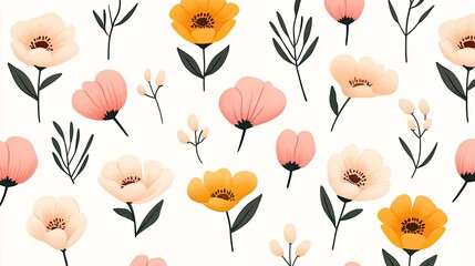 Colorful floral pattern featuring various flowers on a light background, perfect for design use