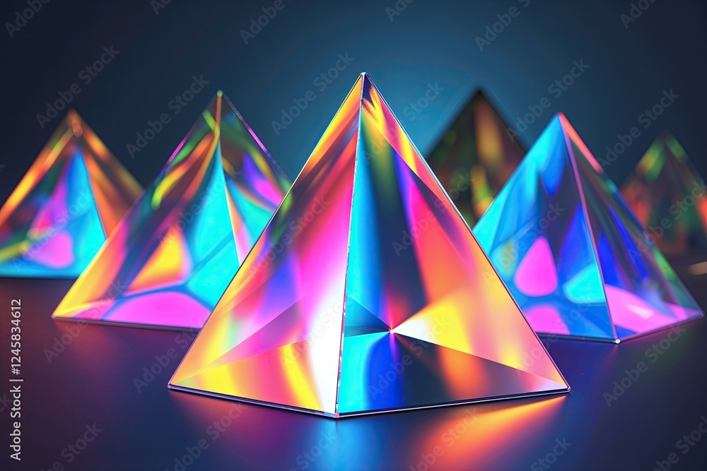 Poster diverse triangular holographic prisms showcasing unique spectral light array