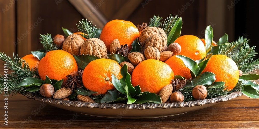 Aufkleber vibrant oranges and mixed nuts arranged in a decorative bowl with green foliage on a wooden table in