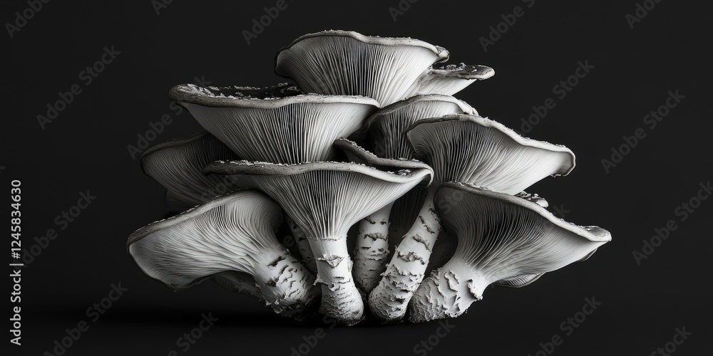 Poster detailed close-up of intricate gray mushrooms on a dark background showcasing their textured gills a