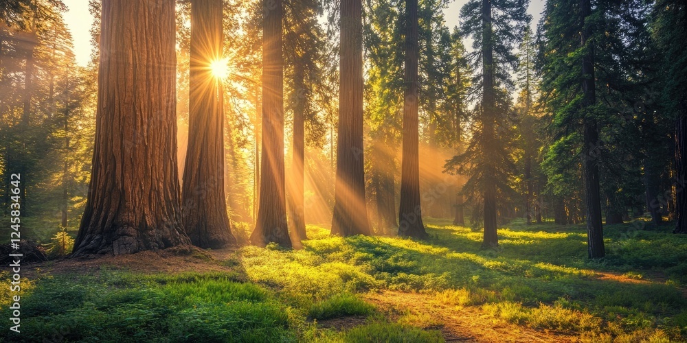Poster sunlight streaming through towering trees in a serene forest with golden rays illuminating lush gree