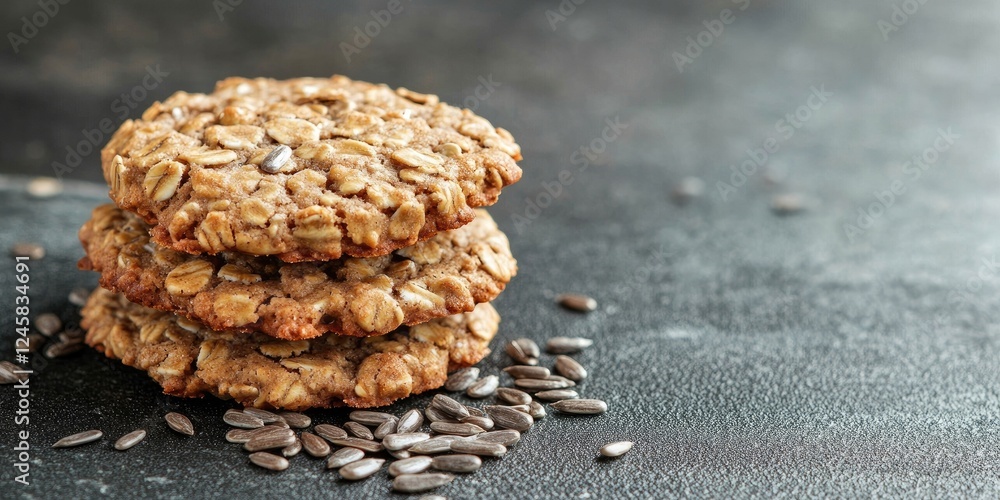 Poster stack of homemade oatmeal cookies with seeds on dark textured surface emphasizing healthy eating and