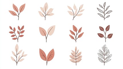 A collection of minimalist botanical illustrations featuring various leaves in soft tones