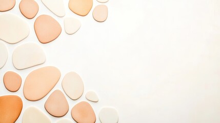 Abstract arrangement of smooth, rounded stones in warm tones on a light background for design use