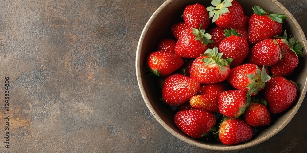Aufkleber Fresh ripe strawberries in a brown bowl on a rustic surface with plenty of negative space on the right ideal for backgrounds and editorial use
