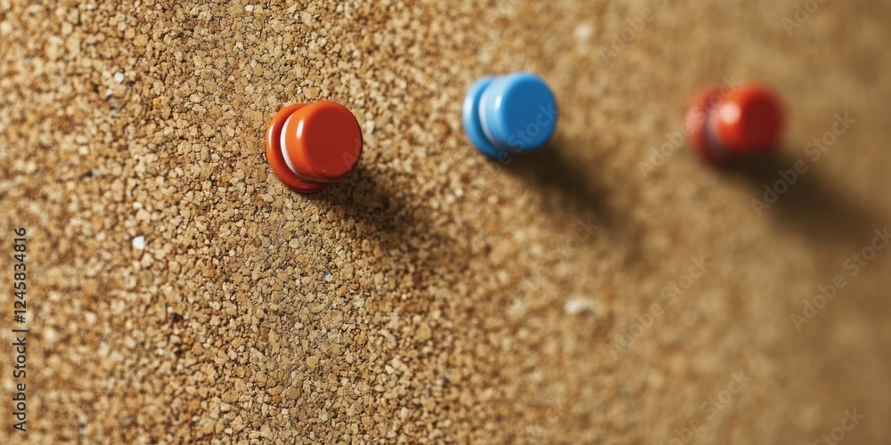 Aufkleber cork board background with three colorful push pins in red and blue, creating a textured surface ide