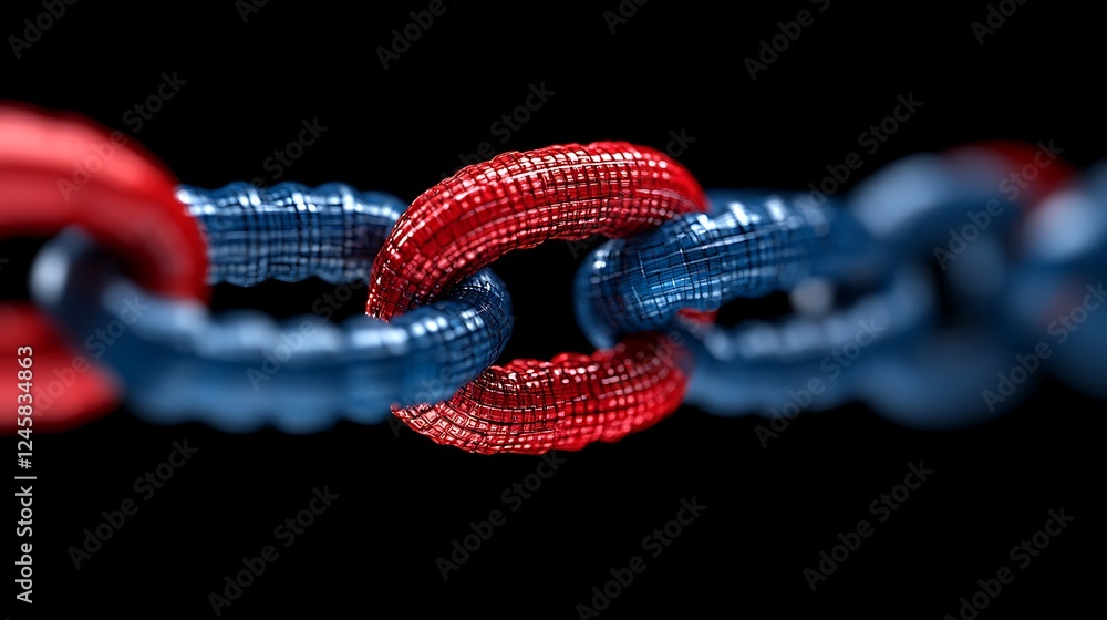 Poster interconnected red and blue chain links in 3d abstract design