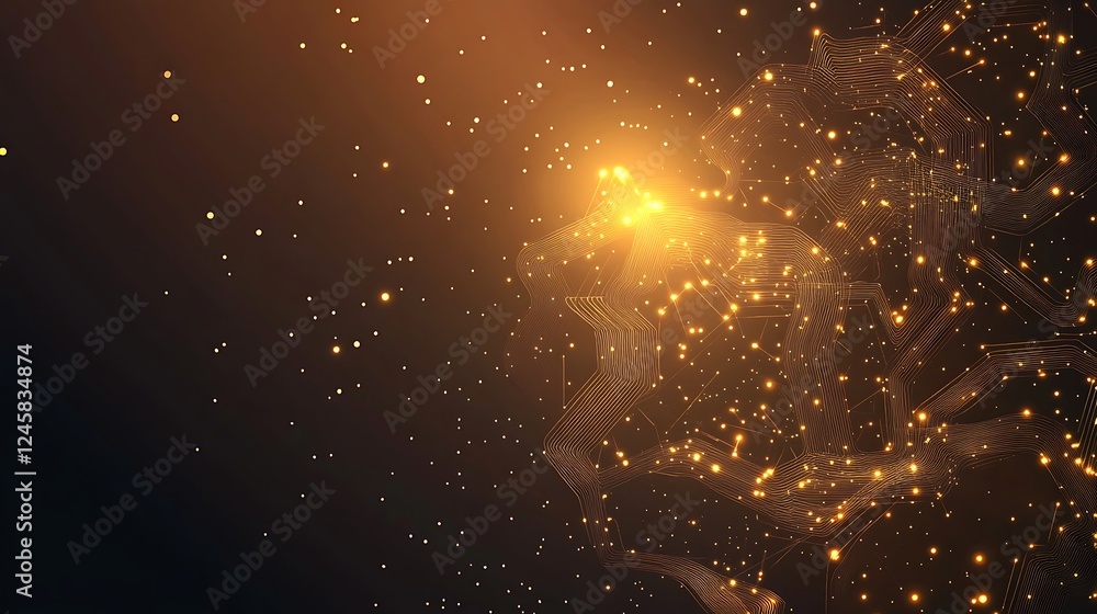 Poster an abstract 2d design featuring a glowing circuit network in golden hues, seamlessly integrated into