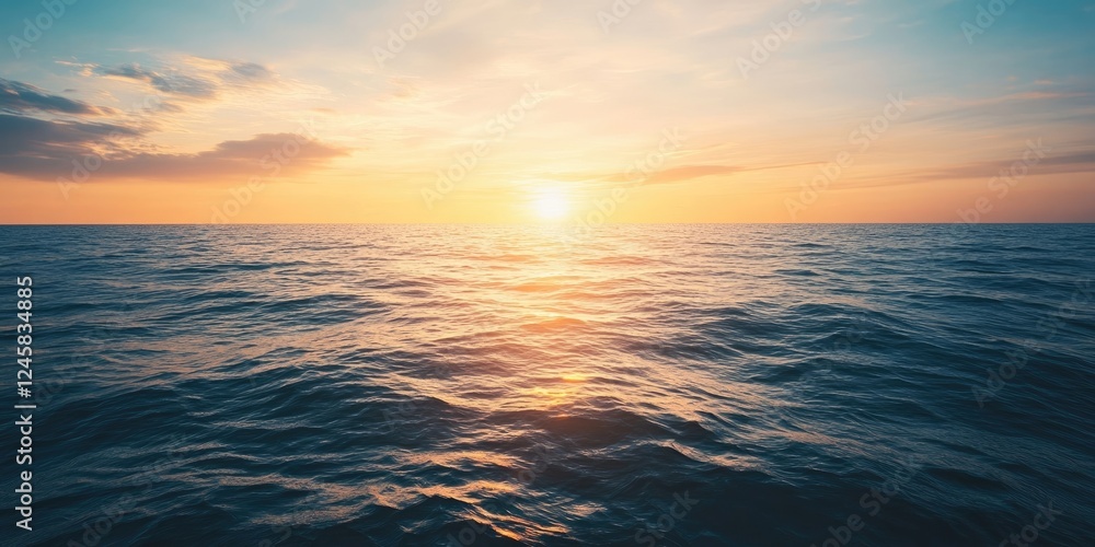 Poster serene sunset at sea with warm orange and soft blue hues reflecting on calm water, creating ample co