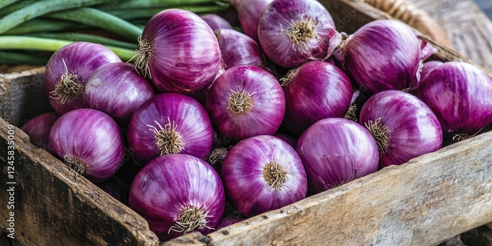 Poster purple onions piled in a rustic wooden crate with green onions in the background, showcasing vibrant