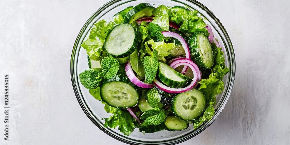 Poster top view of a transparent bowl with vibrant green salad featuring cucumbers red onions and fresh min