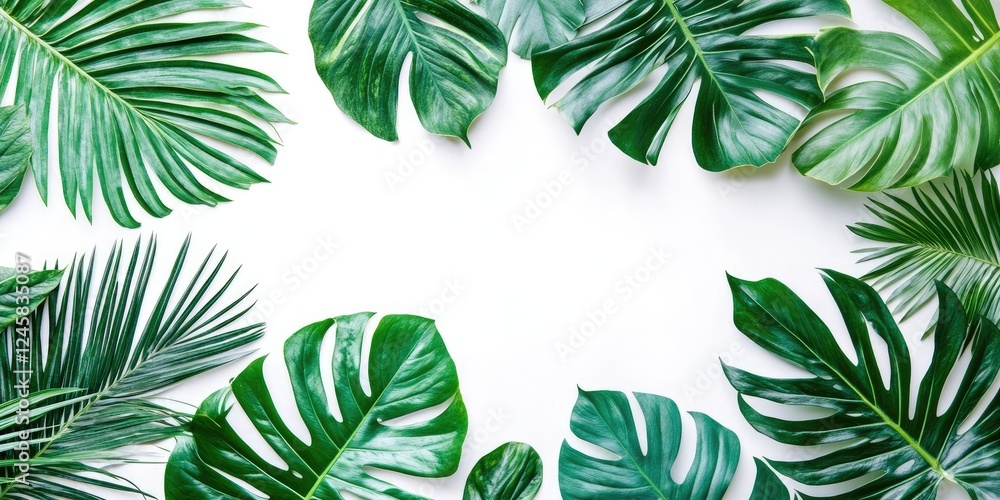 Poster tropical green leaves artfully arranged on a white background with ample space for text creating a v