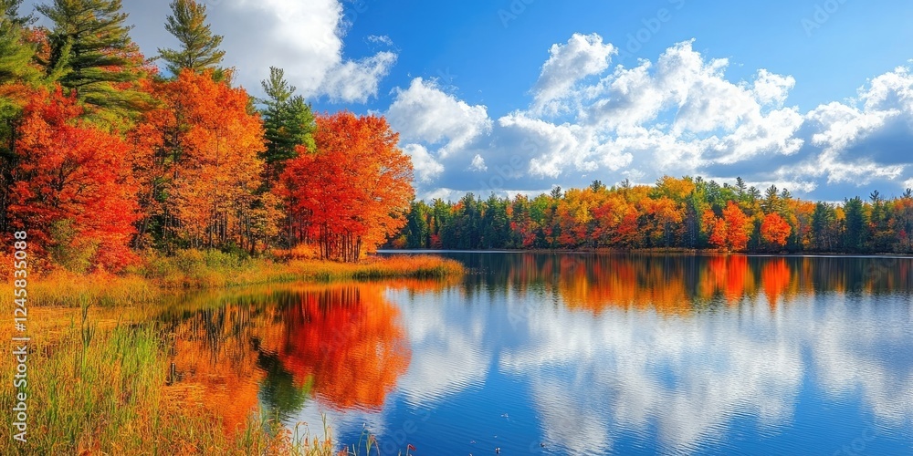 Poster autumn landscape with vibrant orange and yellow trees reflecting in a calm lake under a blue sky wit