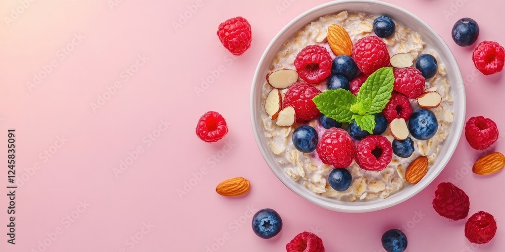 Poster bowl of oatmeal topped with fresh raspberries blueberries almonds and mint on a light pink backdrop 