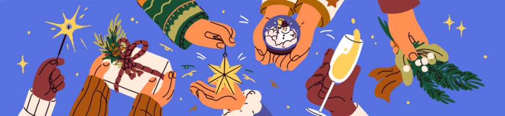 Hands holding festive Christmas light, holiday gift, present box, champagne wineglass, seasonal ornament, mistletoe branch, snow globe and winter bauble. Celebrating Xmas. Flat vector illustration © Good Studio