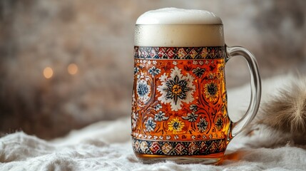 A ceramic jug of beer with traditional patterns, isolated on a white background with soft lighting 