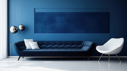 Modern Living Room with Blue Sofa and White Chair