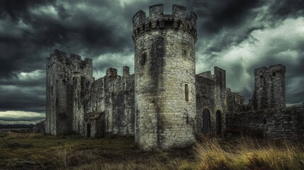 Fototapeta premium A gloomy medieval castle with weathered stone walls and towers, standing tall against a stormy, cloudy sky, evoking a sense of abandonment and mystery.