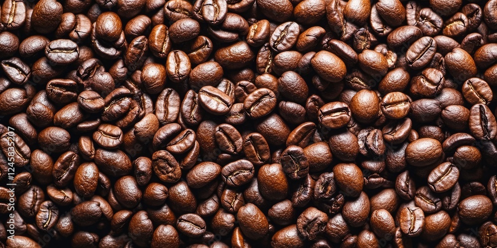 Poster toasted coffee beans spread evenly across a dark surface with glossy brown hues and subtle highlight