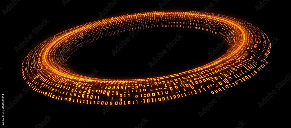 Poster glowing orange torus of binary code in dark space