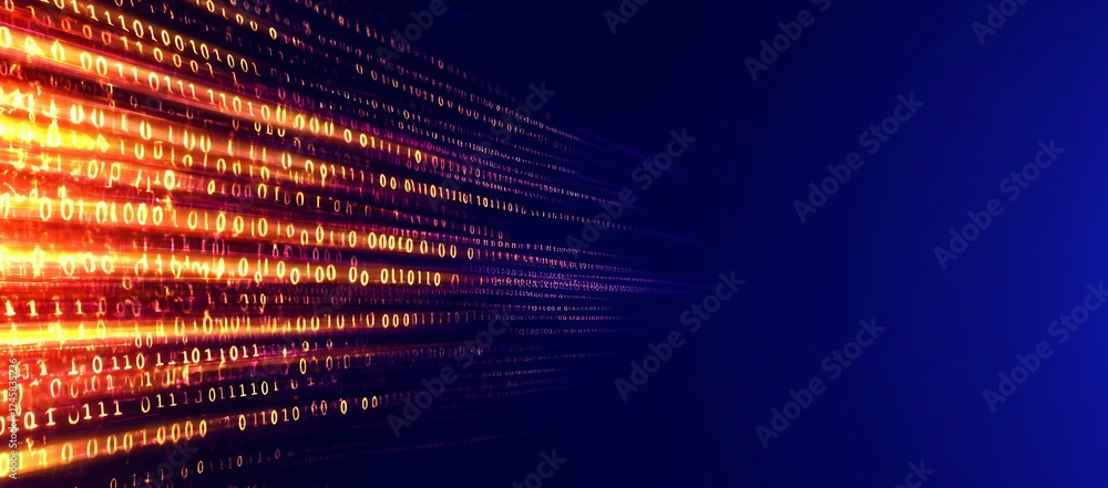 Poster abstract digital data stream, binary code flowing in a dynamic, luminous trail.
