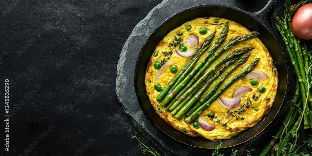 Poster Aerial view of a colorful asparagus and onion omelet in a cast iron skillet atop a dark stone surface with fresh asparagus and eggs around it.