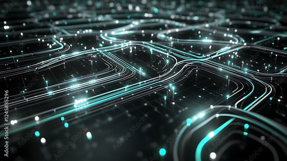 Poster an abstract and modern 2d circuit illustration with interconnected light paths in silver and teal, r