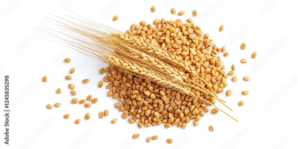 Aufkleber close-up of golden wheat grains and stalks arranged atop a white background with scattered grains, e