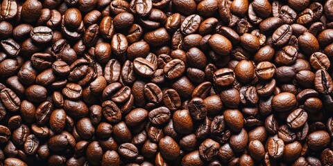 Obraz premium Toasted coffee beans spread evenly across a dark surface with glossy brown hues and subtle highlights showcasing texture and depth.