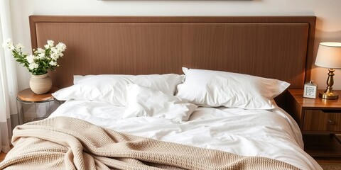 Modern double bed with fabric headboard, wooden frame, white bedding, and beige throw, bed, furniture, home