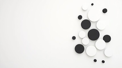Abstract arrangement of black and white circles on a minimalist wall, creating a modern art effect