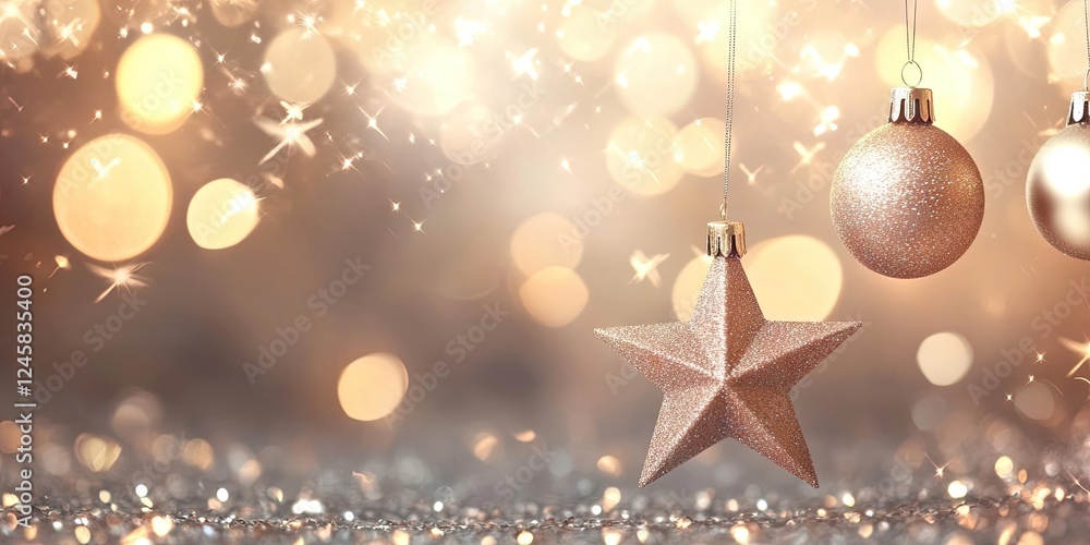 Poster Elegant New Year celebration background with golden shimmering stars and bokeh orbs in soft focus featuring a hanging star and ornaments.
