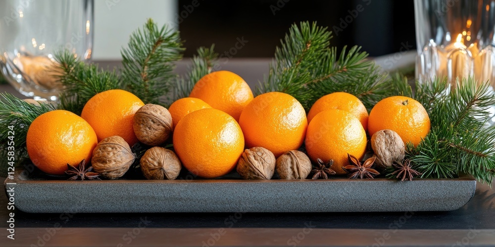 Poster vibrant oranges arranged on a dark tray with green pine branches and walnuts, creating a warm, festi