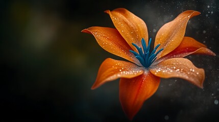 Fototapeta premium Vibrant orange flower with blue center, glistening with dew against a dark, blurred background