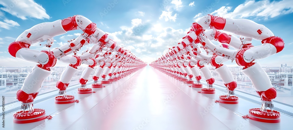 Poster a futuristic assembly line of synchronized red and white robotic arms.