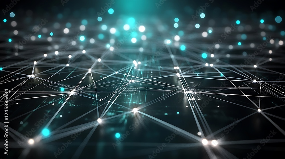 Poster an abstract and modern 2d circuit illustration with interconnected light paths in silver and teal, r