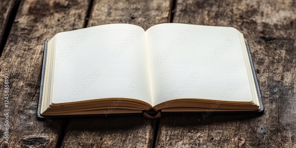Leinwandbilder open blank notebook resting on a rustic wooden table with natural textures, focused center compositi