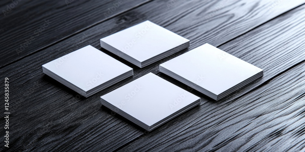 Fototapete empty square business cards arranged in a grid on a dark wooden table, viewed from above, creating a