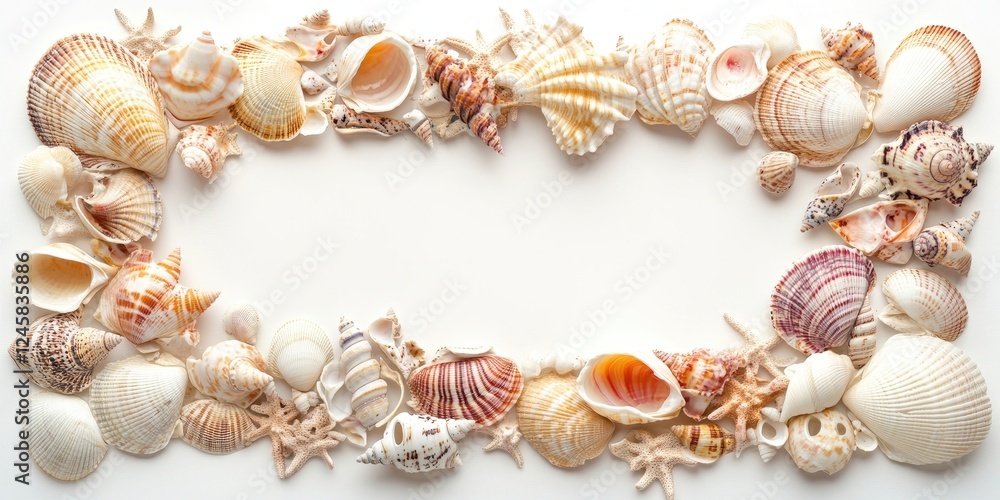Poster Colorful array of seashells in various shapes and sizes arranged in an oval frame on a light background showcasing natural textures and patterns.