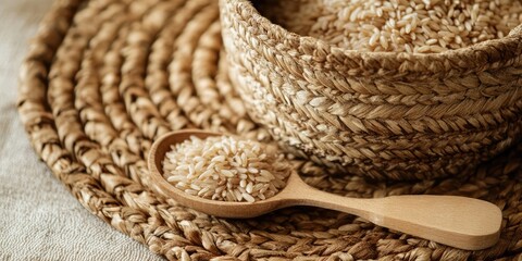 Organic brown rice in a woven basket with a wooden spoon on textured natural fibers background showcasing earthy tones and rustic elements.