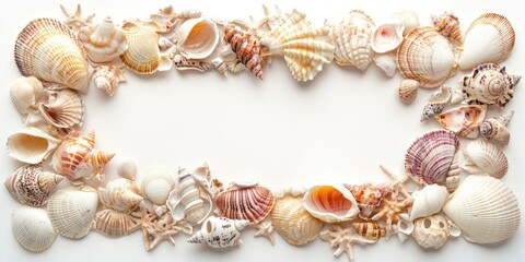 Obraz premium Colorful array of seashells in various shapes and sizes arranged in an oval frame on a light background showcasing natural textures and patterns.