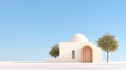Minimalist white building with dome and archway under clear blue sky, surrounded by olive trees