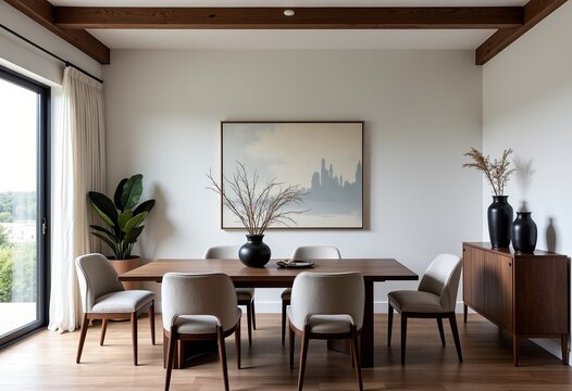 Transitional Dining Room: Minimalist Soft White Design, Walnut Table, Velvet Cushions, Sculptural Vases, Exposed Beams, Natural Light & Parallel Verticals.

