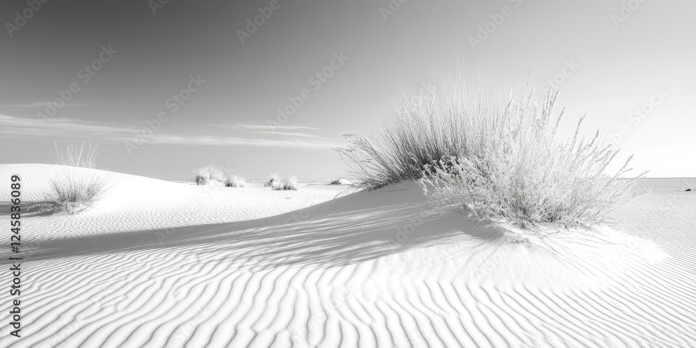 Poster black and white landscape of rolling sand dunes with textured ripples and sparse green grasses casti